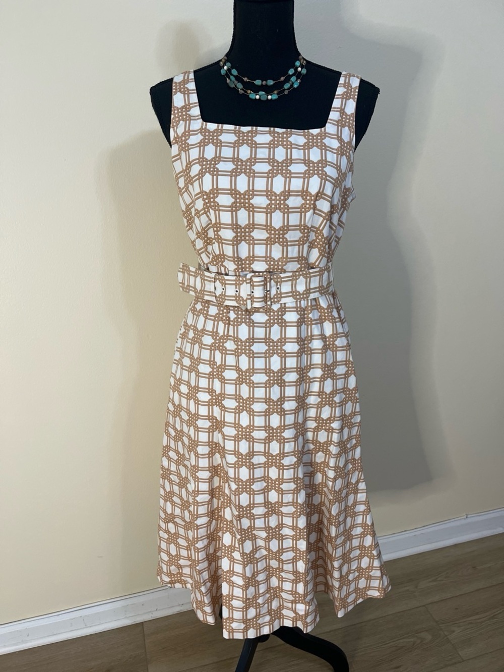 Ann Taylor White Dress with Tan Lattice Print and Belt